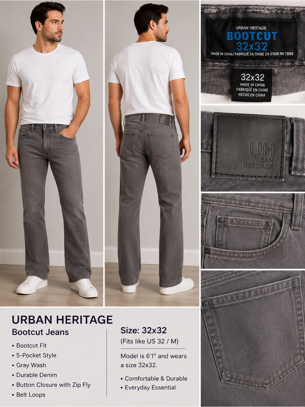 Urban Heritage Men’s Gray Bootcut Jeans 32x32 Classic 5-Pocket Denim